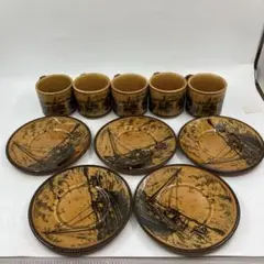 昭和レトロ　カップ　ソーサー　５客セット　風景　黄色　キャラメル　ブラウン
