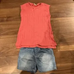 petitmain コーラルピンクTシャツとデニムショートパンツセット