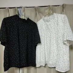 ★ドット柄フリル付き半袖ブラウス（黒・白）2枚セット★
