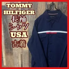 トミーヒルフィガー S ネイビー ロゴ メンズ シャツ USA古着 90s 長袖