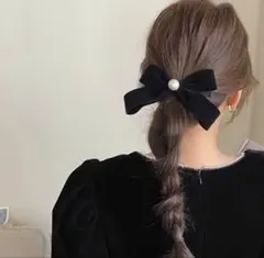ベロア素材 リボンバレッタ パール付き ヘアアクセサリー