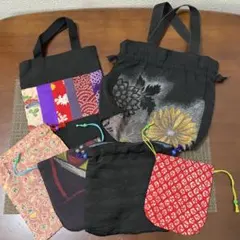 巾着袋　ミニバッグ　6個　まとめ売り　和柄　花柄　ハンドメイド　黒　赤