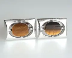 カフスボタン　天然石　虎眼石　タイガーアイ　ストーン　銀色　シルバーカラー