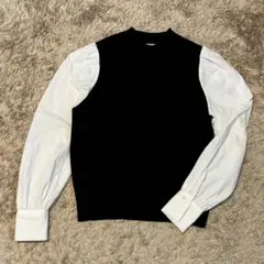 Mサイズ★GU 重ね着風 シャツスリーブコンビネーションセーター 長袖 ブラック