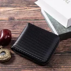 ●新品●カーボン 財布 二つ折り ファスナー 大容量＜ブラック＞中ベラ ギフトのサムネイル