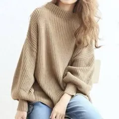 ニット セーター リブ ニット ゆったり ベージュ ハイネック ハニークリーパー