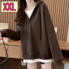 【大きいサイズ】重ね着風フーディプルオーバー　【コーヒーブラウン】