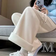 ホワイト 白 ワイドパンツ M 裏起毛 極暖 厚手 冬用 あったか 防寒 裏ボア