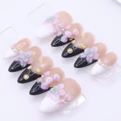 【415】ネイルチップSサイズ ブラック 黒白フレンチ パステル3D花柄　パール