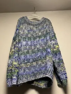 長袖ニットセーター 青緑黄色 編み込み