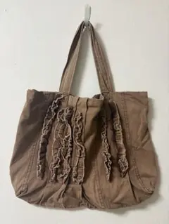 フリル　ブラウンコットン トートバッグ