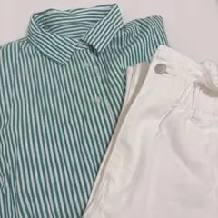 シャツ ワイシャツ ストライプ ジーンズ パンツ ロング グリーン ホワイト