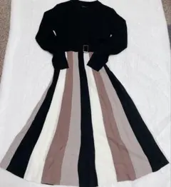 【RagOut】ストライプ ニットワンピースMサイズ黒白ベージュ茶色　ベルト付き
