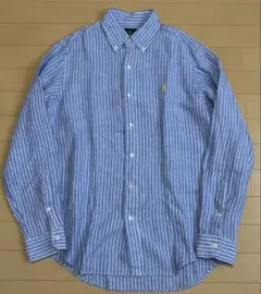 【美品】ラルフローレン 長袖 リネンシャツ ストライプ 白 青 黄色