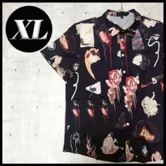 半袖シャツ 妖怪 お化け 浮世絵 和柄 黒 総柄アロハ オーバーサイズ 個性XL