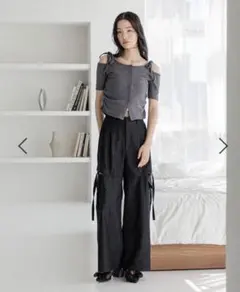 新品未使用品＊Heather リボンオフショルカットTEE チャコールグレー