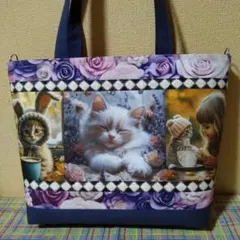 かわいいネコちゃん両面６パネルハンドメイドトートバッグ(大きめ肩掛け)
