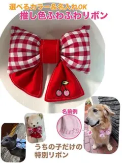 【名入れ無料】【選べる推し色】赤白ギンガムチェック リボン（犬猫用 首輪アクセ）