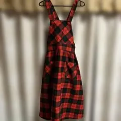赤と深緑のチェック サロペットスカート