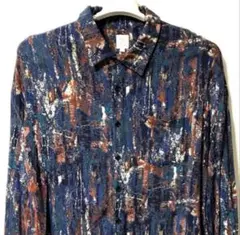 ビンテージ 長袖シャツ 総柄 M L 青 ブルーポリエステル シャツ