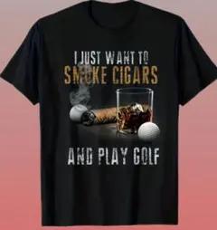 ゴルフと葉巻 Tシャツ ブラック　ゴルフ　酒　タバコ　ウイスキー　グラフィック