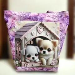 犬のイラスト付きミニトートバッグ
