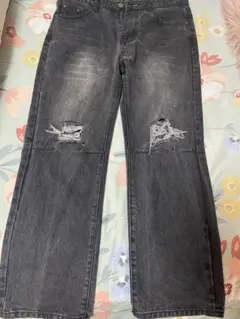 ダメージ加工 ダークグレー ワイドレッグデニム