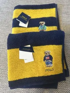 ポロベア刺繍 ネイビーイエローストライプタオルハンカチ 2枚セット