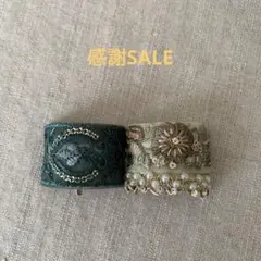 感謝SALE❗️インド刺繍リボン　ポニーフック　グリーン系2個セット