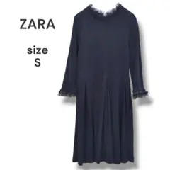 ZARA　ザラ　フリル付きロングスリーブフレアワンピース　S　ブラック　ウール混