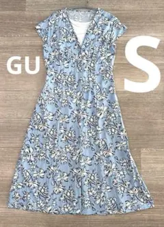 GU 花柄　フレンチスリーブ Vロングワンピース　青　S 　 白タンクトップ付