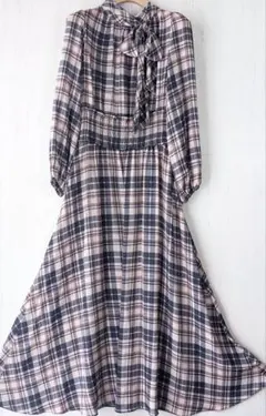 ウィルセレクション ワンピース M チェック リボンタイ シャーリング ロング