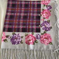 ELLE エル　レトロ花柄チェック 大判ウールスカーフ134㎝