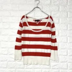 トミーヒルフィガー【M】赤×白 ボーダー 長袖ニットセーター 綿100％ 薄手