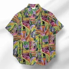 90s 総柄 半袖シャツ アートデザイン 抽象柄 個性的 カジュアル
