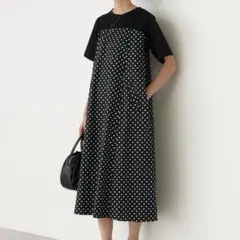 新品 25SS ビアズリー カットコンビドットフレアワンピース M 黒