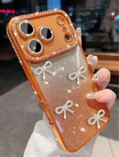 韓国 iPhoneケース オレンジ リボン キラキラ オシャレ シンプル
