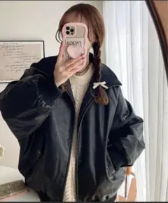 《JaVaジャバコラボ》リブタートルフェイク レザー オーバーサイズ ジャケット