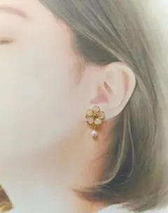 No.877 桜デザイン パール付きイヤリング