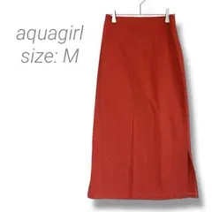 【アクアガール】ミモレ丈タイトスカート M 朱色　サイドスリット 綿100%