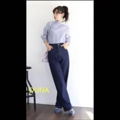 スタンドネック ブラウス ストライプ ブルー DUNA