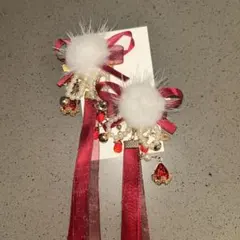 中華風 髪飾り ヘアピン リボン 赤 レッド 金色 ゴールド 宝石風