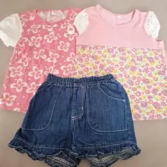 花柄トップス2点とデニムショートパンツセット