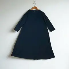 【L】ロングワンピース 七分袖 Aライン ゆったり　きれいめ ネイビーd216