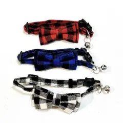 猫用 首輪 子犬 リボン 鈴 調整可能 セーフティバックル付 チェック柄 3個