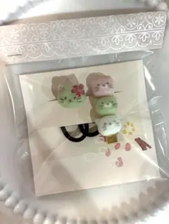 お花見猫だんごヘアクリップとヘアゴムセット