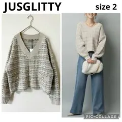 新品 JUSGLITTY ジャスグリッティー クロップドツイードゆるVニット