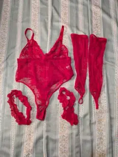 き*♦様 ME2146 最高級品 レッド レース ボディスーツ3点 セット LL