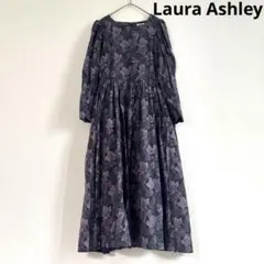 美品 ウール混 ローラアシュレイ リーフ柄ワンピース 紫 総柄　ロングワンピース