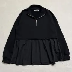 Nuelu./しまむら/ハーフジップ切替トップス/異素材/ペプラム風/黒/M